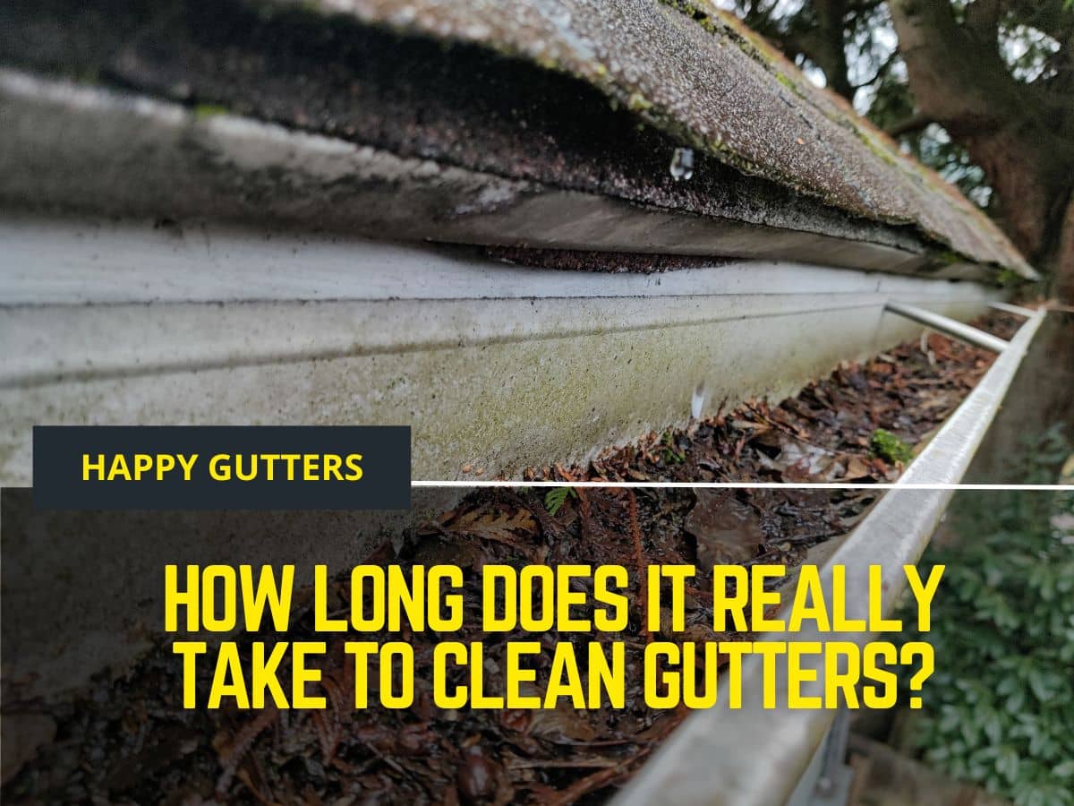 A gutter full of leaves, representing the time it takes to clean gutters
